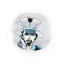 man on top of double decker bus, wearing coat and hat, smoking cigarette tattoo design idea