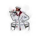 man on top of double decker bus, wearing coat and hat, smoking cigarette tattoo design idea