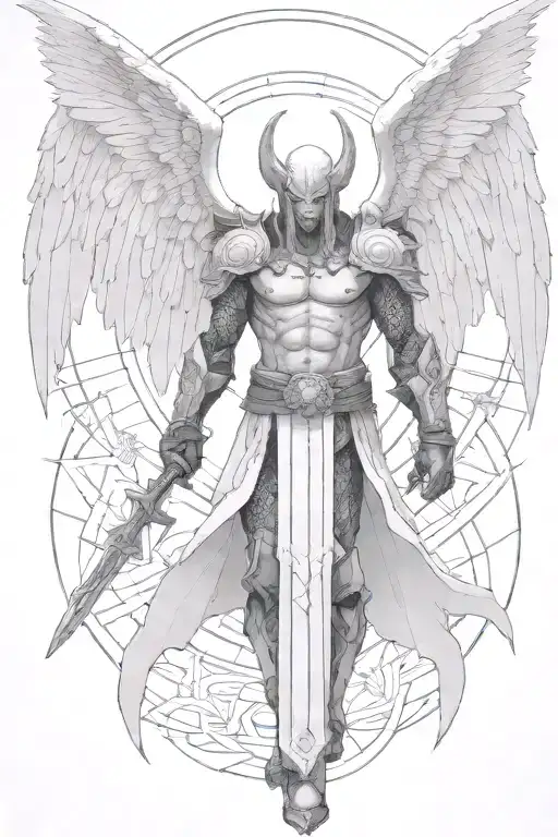 Tyreal angel from  Diablo II, holding spear, no wings, geometric background  tattoo design idea