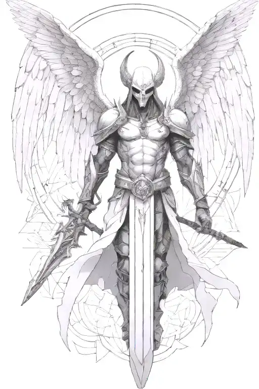 Tyreal angel from  Diablo II, holding spear, no wings, geometric background  tattoo design idea