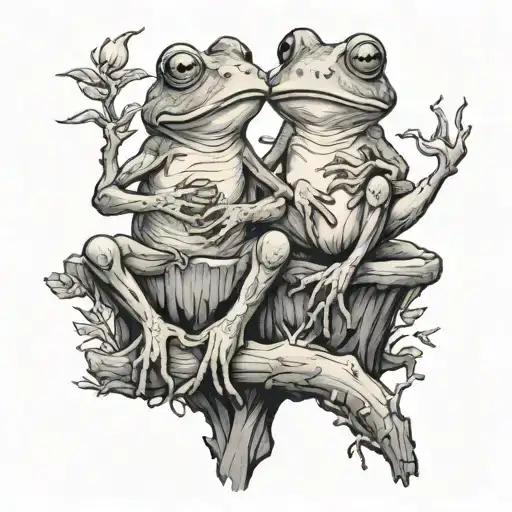 two frogs sitting on tree stumps smoking  tattoo design idea