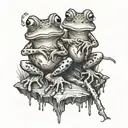 two frogs sitting on tree stumps smoking  tattoo design idea