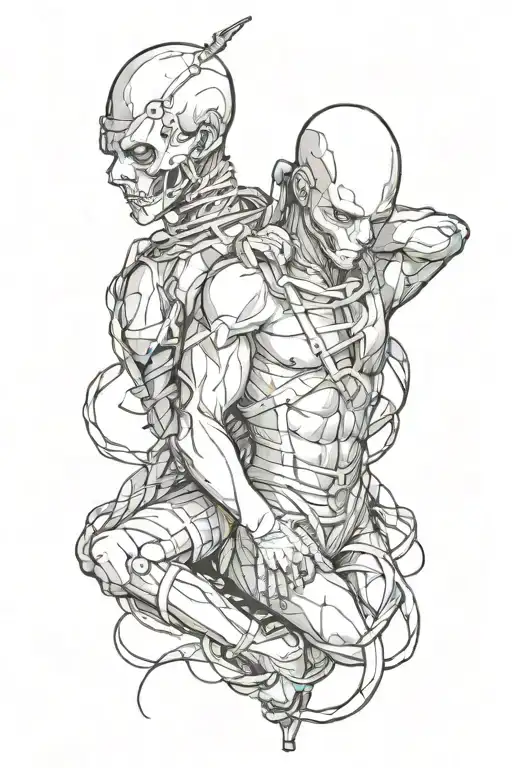Create a tattoo of a masochistic character embracing their inner desires  in bondage  tattoo design idea