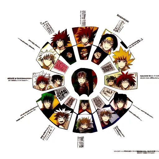 Manga panels with different anime characters in each panel. characters are rengoku, jiraiya, kakashi, trunks, killua tattoo design idea