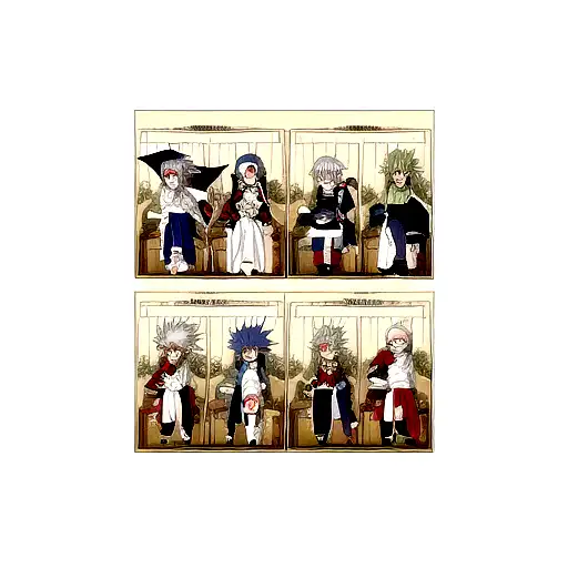 leg sleeve of Manga panels w/ different people in each panel. characters are rengoku, jiraiya, kakashi, trunks, killua tattoo design idea