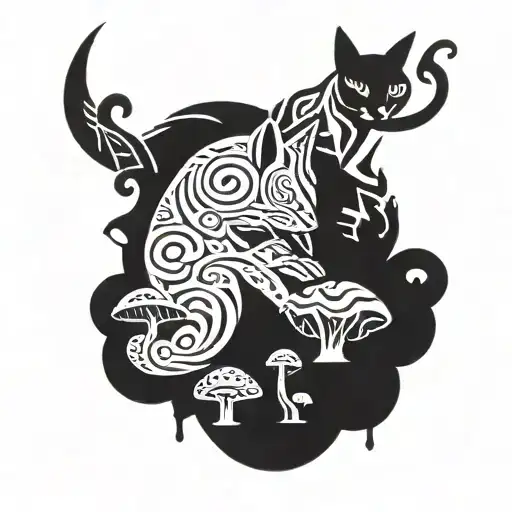 RedCrazyCat with mushrooms  tattoo design idea