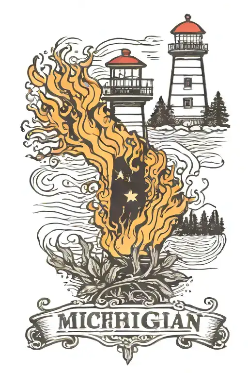 state of michigan featuring a camp fire, roots, and lighthouse tattoo design idea