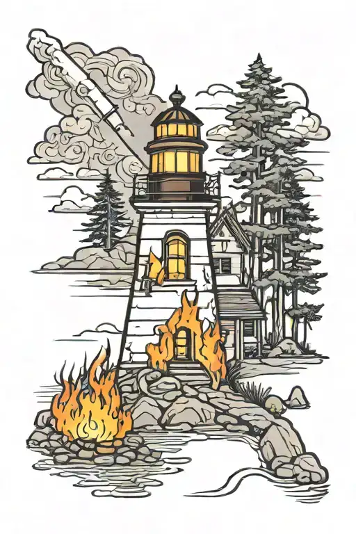 lighthouse and camp fire in state of michigan outline tattoo design idea