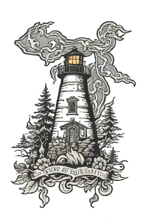 state of michigan featuring a camp fire, roots, and lighthouse tattoo design idea