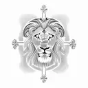 Christian Cross with lamb, lion, and rosemb tattoo design idea
