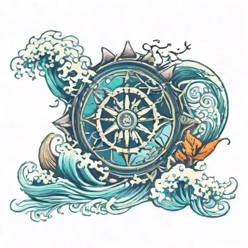 dharma wheel with ocean wave merging tattoo design idea