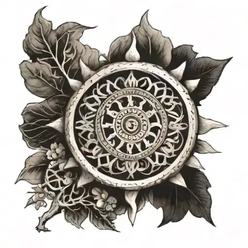 hindu wheel with 8 spokes and spokes end are trees branches tattoo design idea