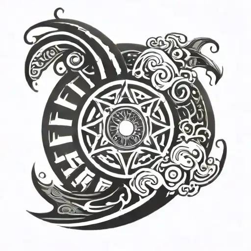 dharma wheel with ocean wave merging tattoo design idea