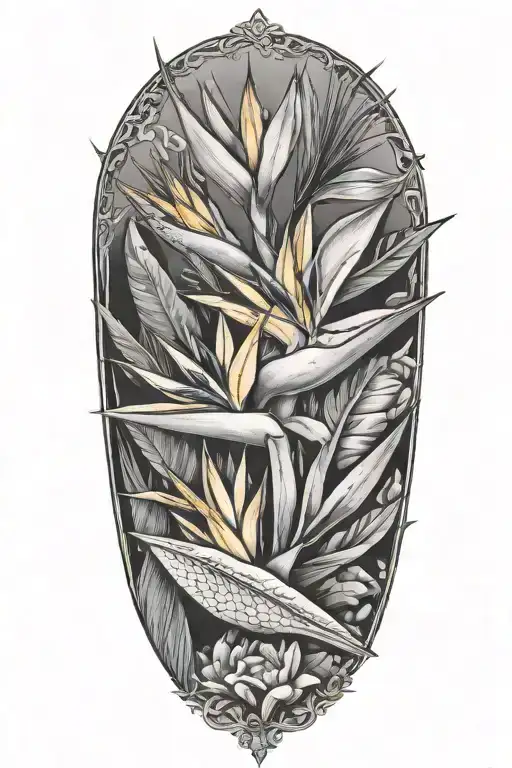 rocks with bird of paradise flower tattoo design idea