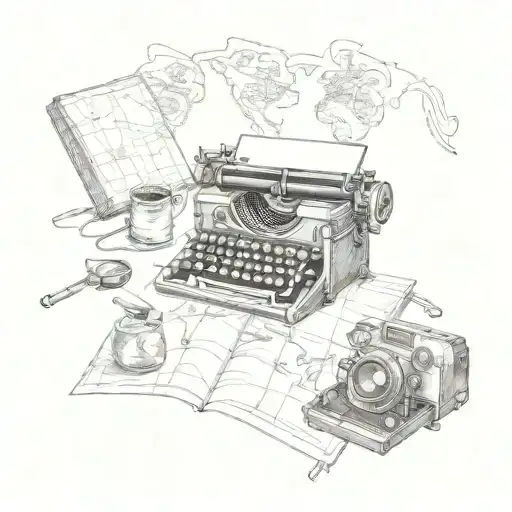 map, old typewriter, and old camera vintage scene tattoo design idea