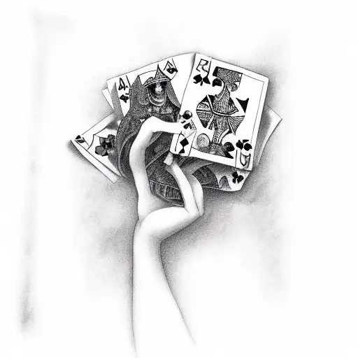 full arm sleeve, black and grey, woman with playing cards, dark, eerie, horror, epic, gothic tattoo design idea