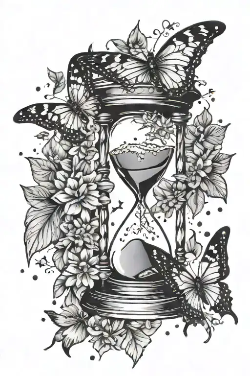 hourglass clock & butterlies with snowflakes falling tattoo design idea