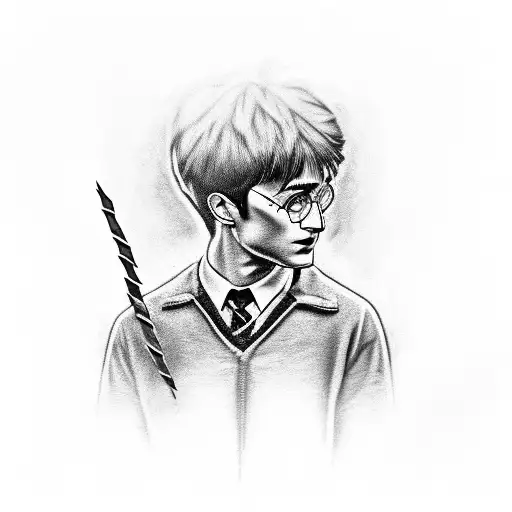 A realistic black and grey portrait of Harry Potter holding a lightning bolt wand tattoo design idea