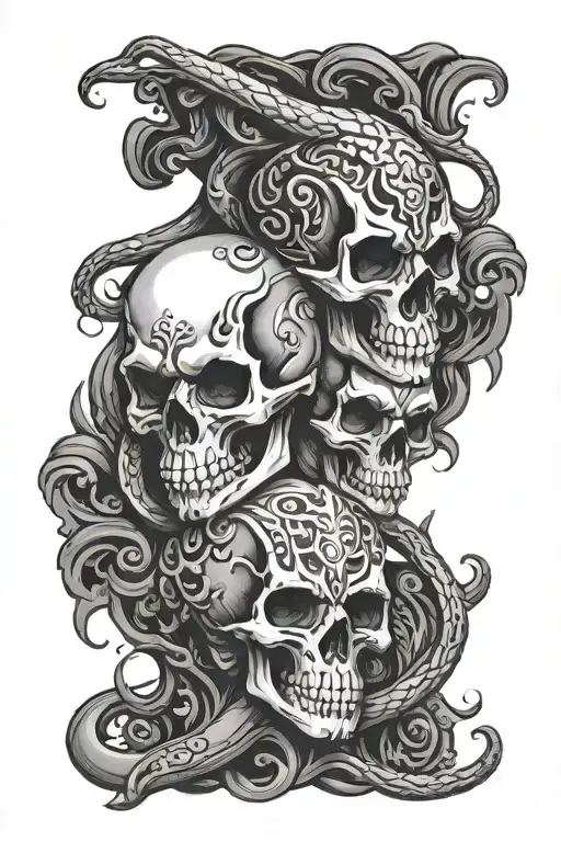 skulls hear can't see can't speak with snake chicano style black and white  tattoo design idea