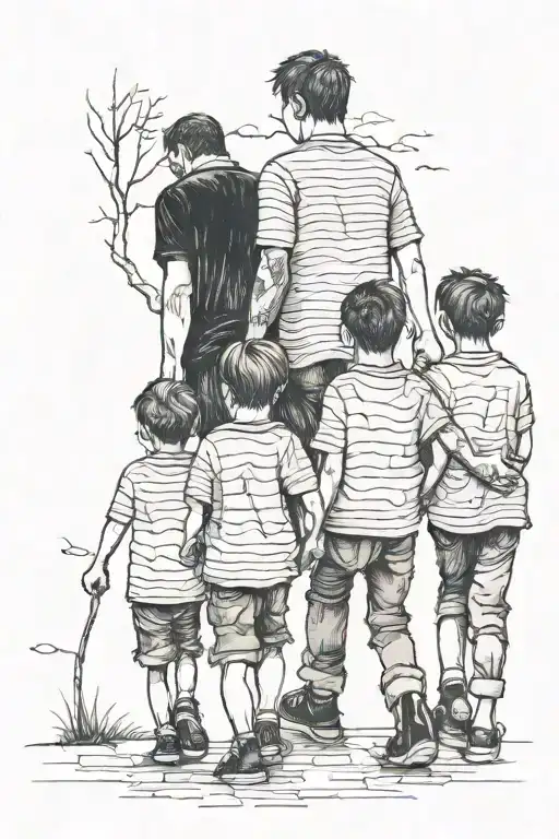 3 Brothers walking away, oldest, middle, youngest son tattoo design idea