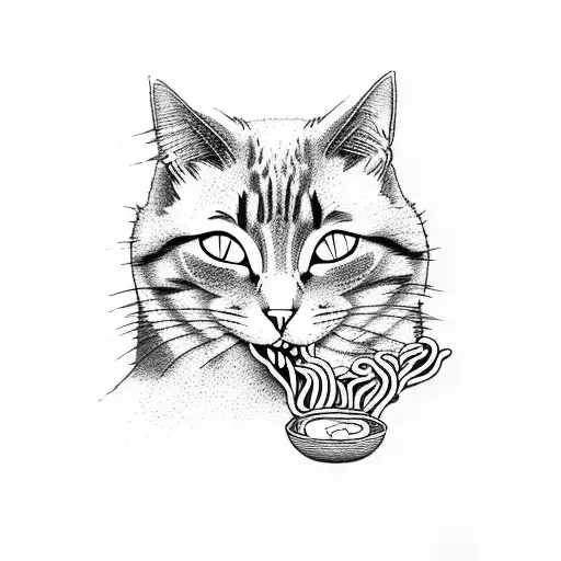 cat eating ramen tattoo design idea