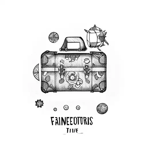 A dotwork tattoo of a vintage suitcase with travel stamps and the words 'Family Adventures' written in elegant script tattoo design idea