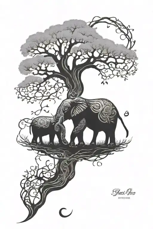 tree of life elephant trunk wrapped around tree growing tattoo design idea