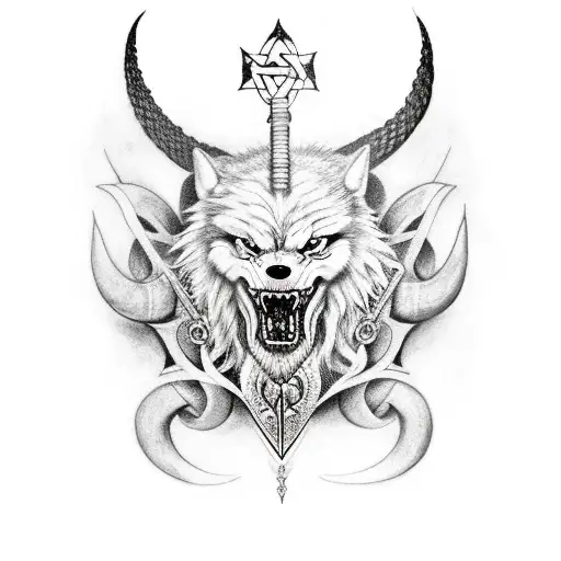 Fenrir; Odin's raven; Runes and Jörmungandr tattoo design idea