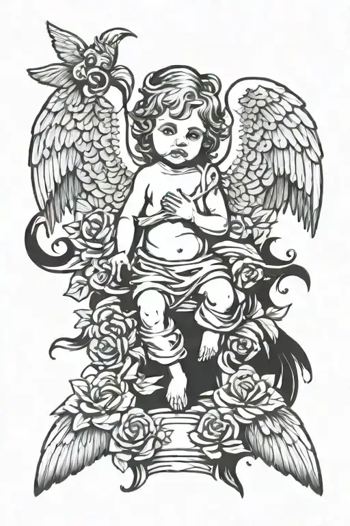 baby angel one is evil and good with wings and the bottom says me vs me  tattoo design idea