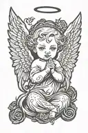baby angel one is evil and good with wings and the bottom says me vs me  tattoo design idea