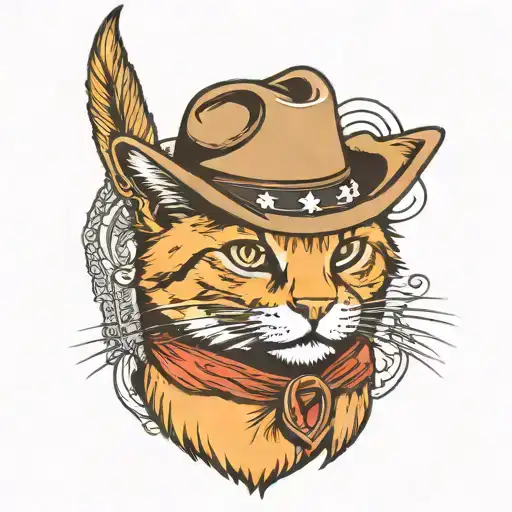 orange tabby wearing cowboy hat and bolo tie tattoo design idea
