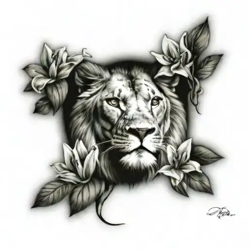 lion with August birthstone eyes and lilys surrounding tattoo design idea