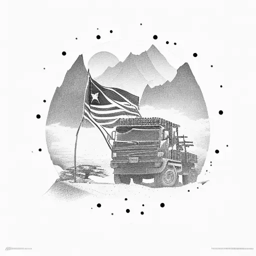 African landscape, military truck, handholding, rising sun, intertwined flags. tattoo design idea