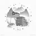 African landscape, military truck, handholding, rising sun, intertwined flags. tattoo design idea