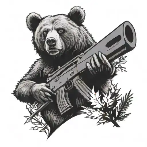 Bear sitting with AK-74 rifle in his hands, spruce branches, stern look tattoo design idea
