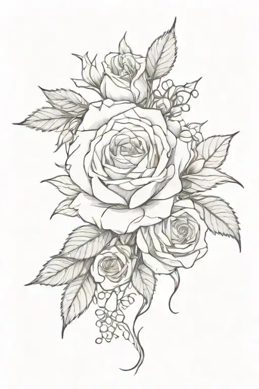 create a small and dainty no color tattoo with rose and larkspur and a bow holding it together tattoo design idea