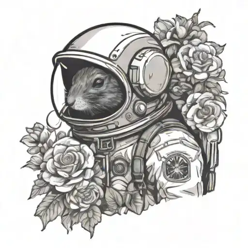 a astronaut with the helmet on. the head of the astronaut be a sweet looking dumbo rat. holding flowers flowers around tattoo design idea