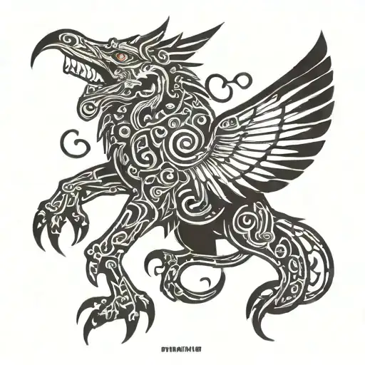 A Slavic mythic creature intertwined with computer code symbols tattoo design idea