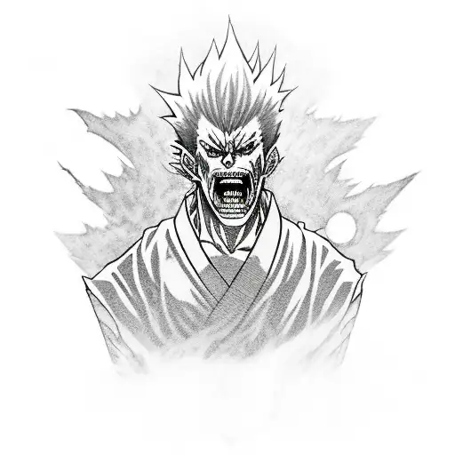 Tattoo design of Sukuna from the anime Jujutsu Kaisen in full rage mode, with a sinister grin and developing his magic in one hand, with his temple in the background tattoo design idea