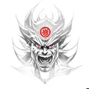 Tattoo design of Sukuna from the anime Jujutsu Kaisen in full rage mode, with a sinister grin and developing his magic in one hand, with his temple in the background tattoo design idea