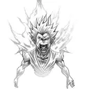 Tattoo design of Sukuna from the anime Jujutsu Kaisen in full rage mode, with a sinister grin and developing his magic in one hand, with his temple in the background tattoo design idea