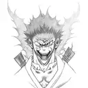 Tattoo design of Sukuna from the anime Jujutsu Kaisen in full rage mode, with a sinister grin and developing his magic in one hand, with his temple in the background tattoo design idea
