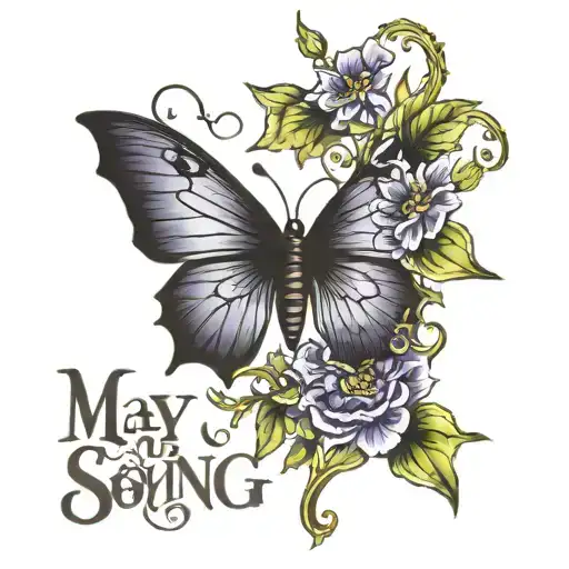 "May your song always be sung" written in a straight line in a mildly gothic font, with vines and violets  tattoo design idea