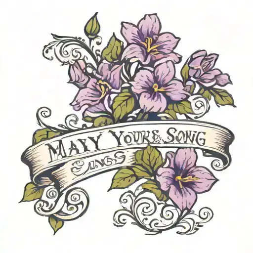 "May your song always be sung" written in a straight line in a mildly gothic font, with vines and violets.  tattoo design idea