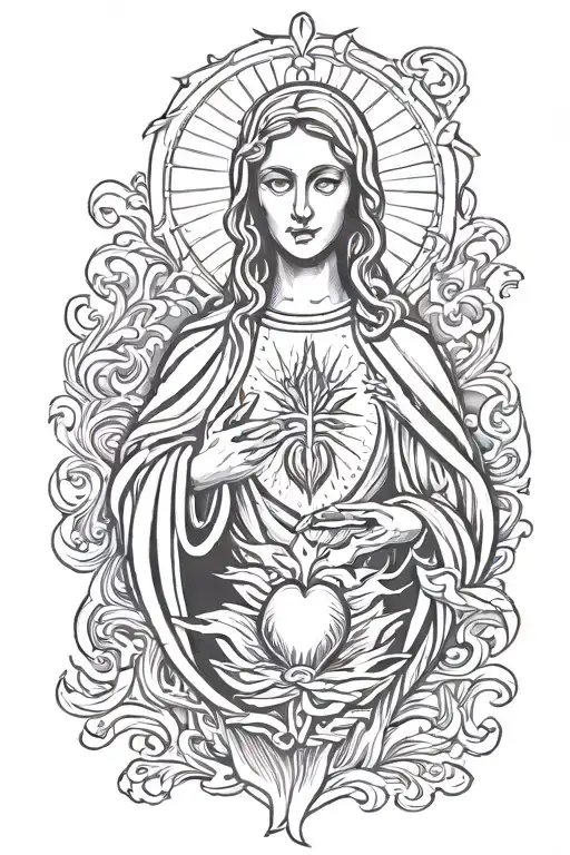 Sacred heart in flame virgin mary holy spirit coming out of the body tattoo design idea
