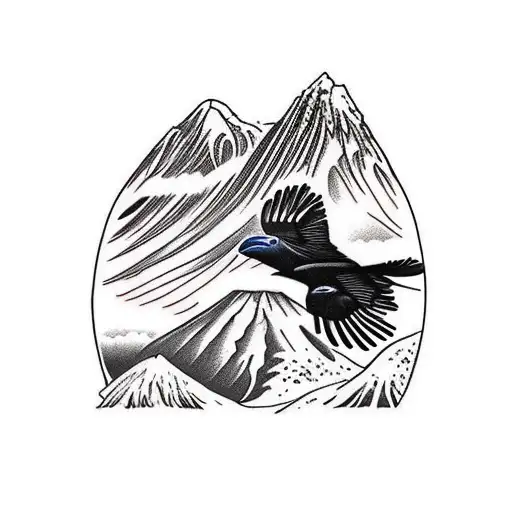 add mount kilimanjaro in the background with a White-necked raven is flying above  tattoo design idea