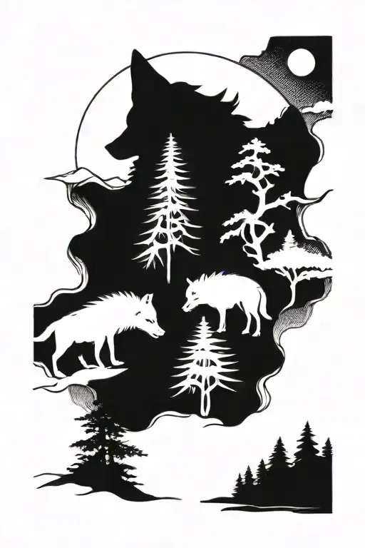 Forest, river, wolf howling moon tattoo design idea