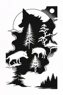 Forest, river, wolf howling moon tattoo design idea