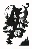 Forest, river, wolf howling moon tattoo design idea