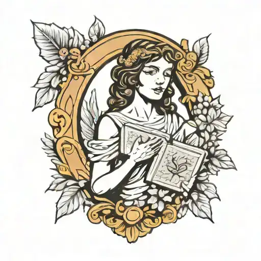Greek goddess of history portrait style pinup holding a book and framed by laurel wreath  tattoo design idea